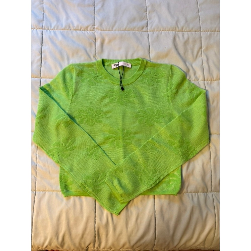 Zara Knit Sweater Women S Lime Green NWOT Floral Mesh Jacquard Crew 4369/101